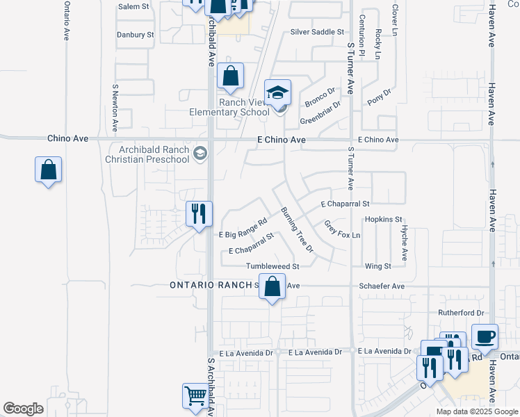 map of restaurants, bars, coffee shops, grocery stores, and more near 3554 South Mustang Drive in Ontario