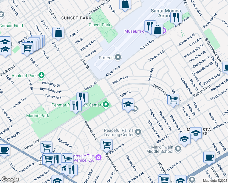 map of restaurants, bars, coffee shops, grocery stores, and more near Rose Avenue & Walgrove Avenue in Los Angeles