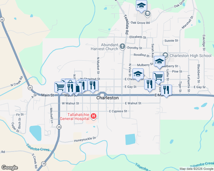 map of restaurants, bars, coffee shops, grocery stores, and more near 107 East Gay Street in Charleston