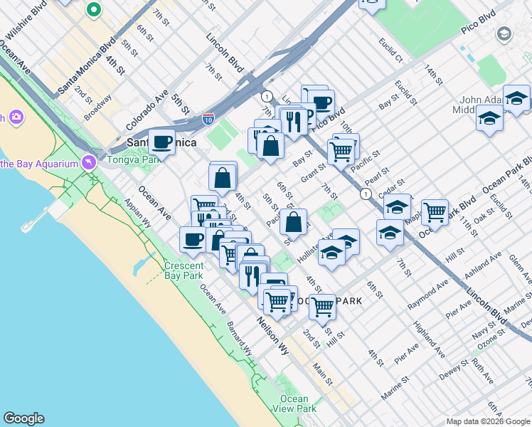 map of restaurants, bars, coffee shops, grocery stores, and more near in Santa Monica