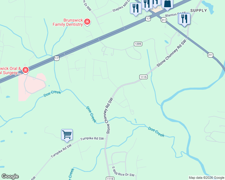 map of restaurants, bars, coffee shops, grocery stores, and more near 405 Stone Chimney Road Southwest in Brunswick County