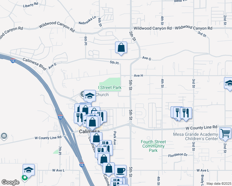 map of restaurants, bars, coffee shops, grocery stores, and more near 34195 Avenue I in Yucaipa