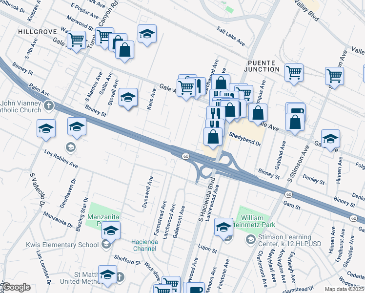 map of restaurants, bars, coffee shops, grocery stores, and more near 1266 Farmstead Avenue in La Puente