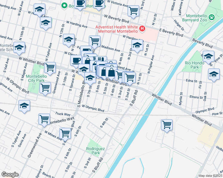 map of restaurants, bars, coffee shops, grocery stores, and more near 128 South 4th Street in Montebello
