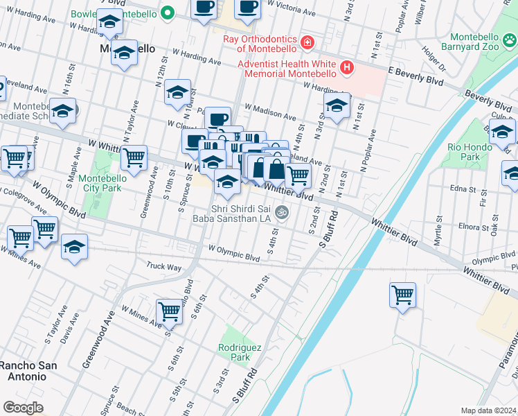 map of restaurants, bars, coffee shops, grocery stores, and more near 145 South 5th Street in Montebello