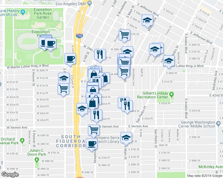 map of restaurants, bars, coffee shops, grocery stores, and more near 212 West 41st Place in Los Angeles