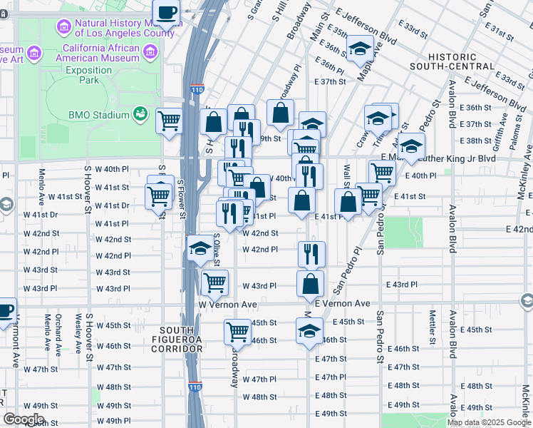 map of restaurants, bars, coffee shops, grocery stores, and more near 212 West 41st Place in Los Angeles