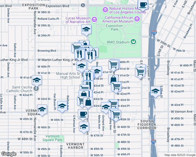 map of restaurants, bars, coffee shops, grocery stores, and more near 4151 Menlo Avenue in Los Angeles