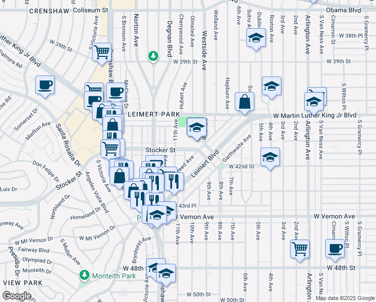 map of restaurants, bars, coffee shops, grocery stores, and more near 4203 10th Avenue in Los Angeles