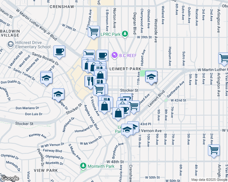 map of restaurants, bars, coffee shops, grocery stores, and more near 4213 South Bronson Avenue in Los Angeles
