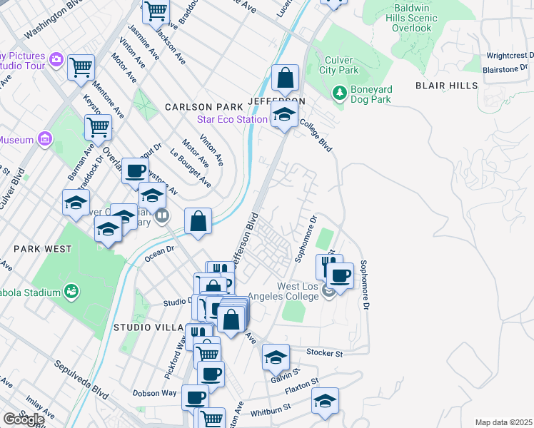 map of restaurants, bars, coffee shops, grocery stores, and more near 7212 Raintree Circle in Culver City