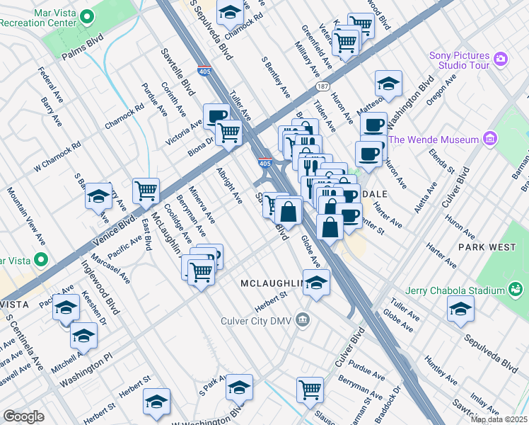 map of restaurants, bars, coffee shops, grocery stores, and more near 3961 Sawtelle Boulevard in Los Angeles