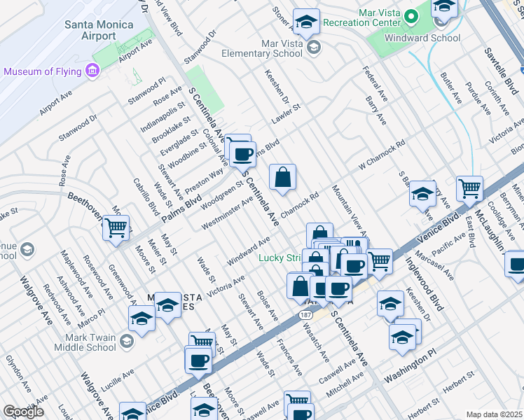 map of restaurants, bars, coffee shops, grocery stores, and more near 3605 South Centinela Avenue in Los Angeles