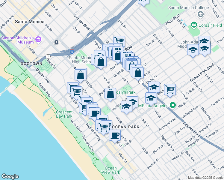 map of restaurants, bars, coffee shops, grocery stores, and more near 2219 5th Street in Santa Monica