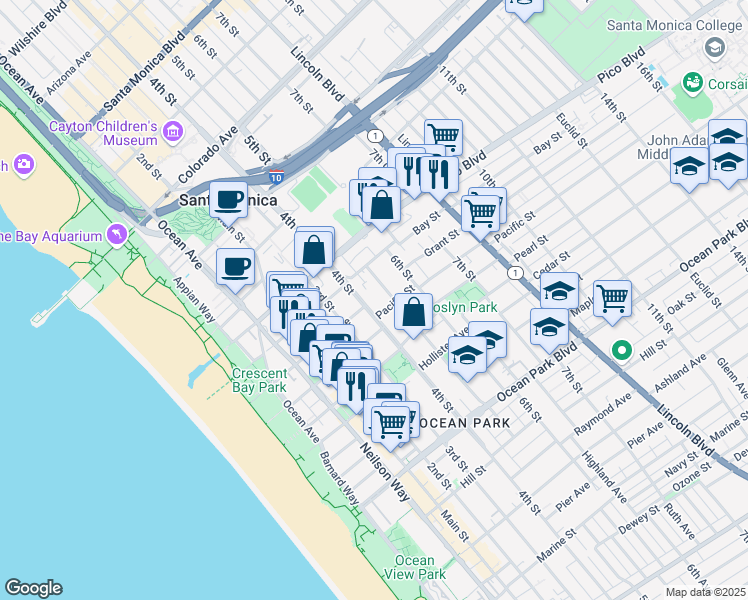 map of restaurants, bars, coffee shops, grocery stores, and more near 409 Pacific Street in Santa Monica