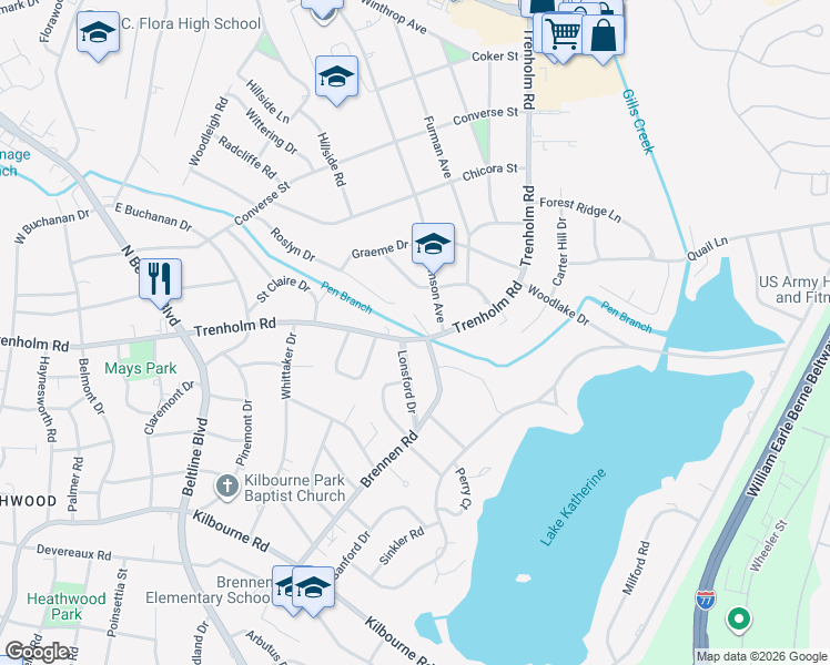 map of restaurants, bars, coffee shops, grocery stores, and more near 1577 Lonsford Drive in Columbia