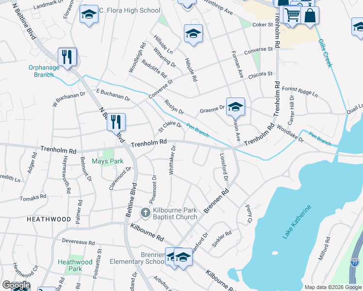 map of restaurants, bars, coffee shops, grocery stores, and more near 4320 Trenholm Road in Columbia