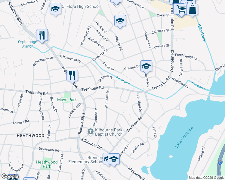 map of restaurants, bars, coffee shops, grocery stores, and more near 4320 Trenholm Road in Columbia
