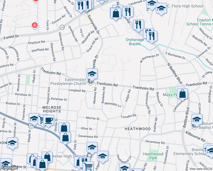 map of restaurants, bars, coffee shops, grocery stores, and more near 1533 Wyndham Road in Columbia