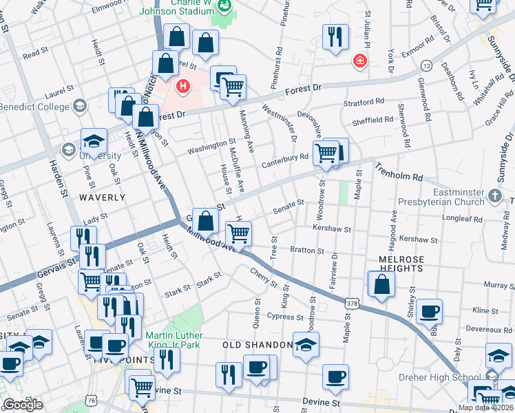map of restaurants, bars, coffee shops, grocery stores, and more near 2483 Senate Street in Columbia