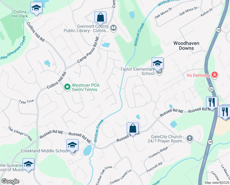 map of restaurants, bars, coffee shops, grocery stores, and more near 177 Creek Front Way in Lawrenceville