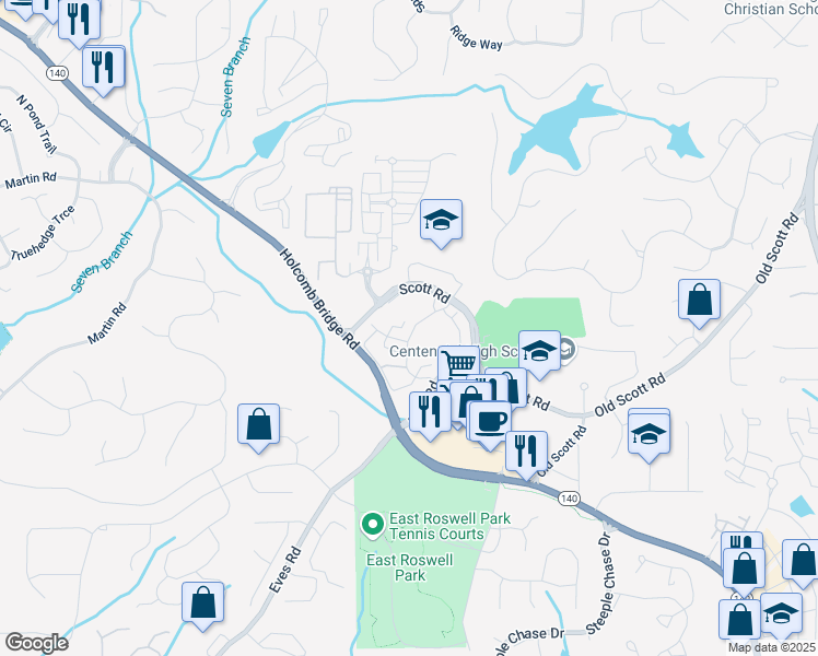 map of restaurants, bars, coffee shops, grocery stores, and more near 1085 Celebration Drive in Roswell