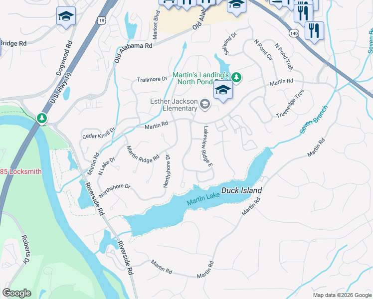 map of restaurants, bars, coffee shops, grocery stores, and more near 235 Lakeview Ridge West in Roswell