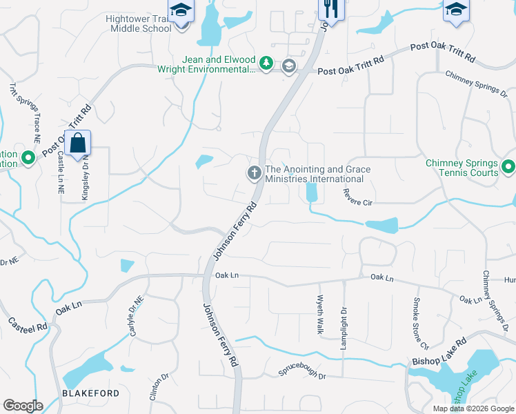 map of restaurants, bars, coffee shops, grocery stores, and more near 2392 Johnson Ferry Road in Marietta