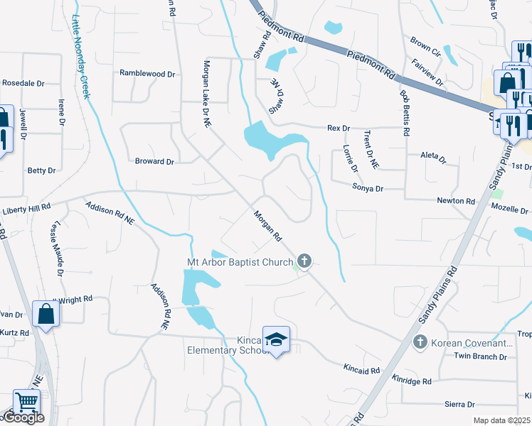 map of restaurants, bars, coffee shops, grocery stores, and more near 2390 Morgan Glen Road Northeast in Buford