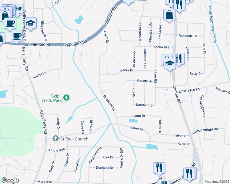 map of restaurants, bars, coffee shops, grocery stores, and more near 486 Edward Court in Marietta