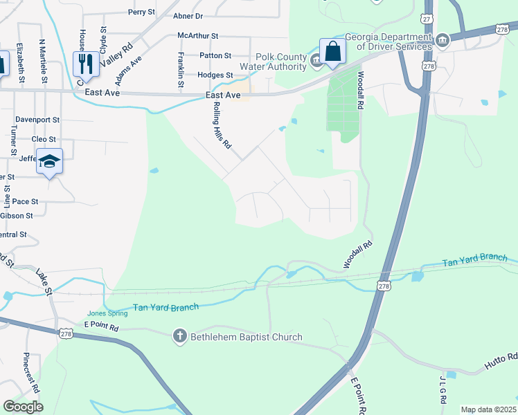 map of restaurants, bars, coffee shops, grocery stores, and more near 27 Gentry Court in Cedartown
