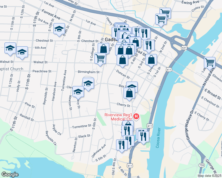 map of restaurants, bars, coffee shops, grocery stores, and more near 410 South 5th Street in Gadsden