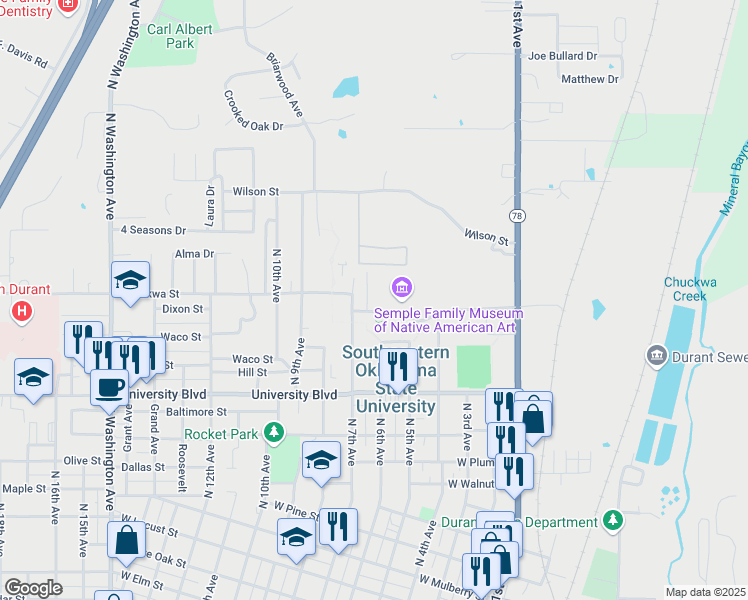 map of restaurants, bars, coffee shops, grocery stores, and more near 1603 North 6th Avenue in Durant