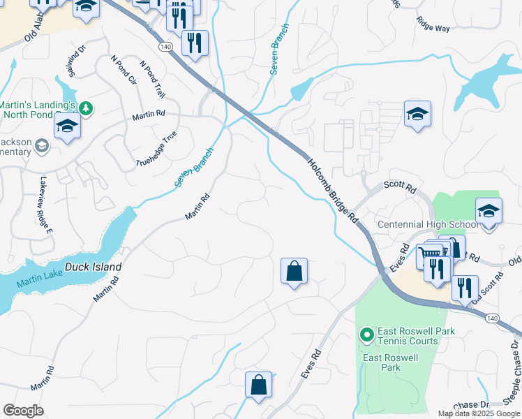 map of restaurants, bars, coffee shops, grocery stores, and more near 115 Lake Pines Court in Roswell