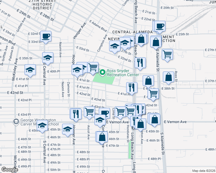 map of restaurants, bars, coffee shops, grocery stores, and more near 1537 East 41st Place in Los Angeles