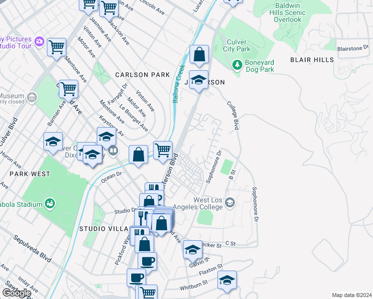 map of restaurants, bars, coffee shops, grocery stores, and more near 7304 Raintree Circle in Culver City