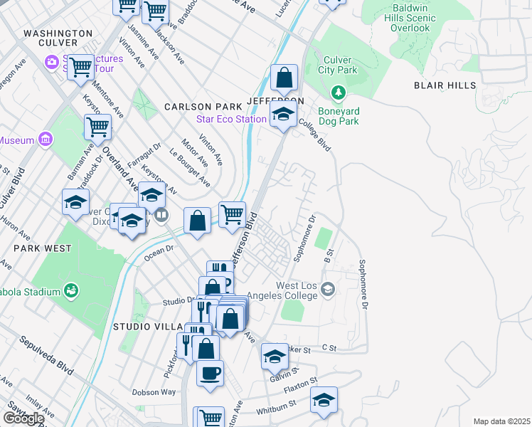 map of restaurants, bars, coffee shops, grocery stores, and more near 7202 Raintree Circle in Culver City
