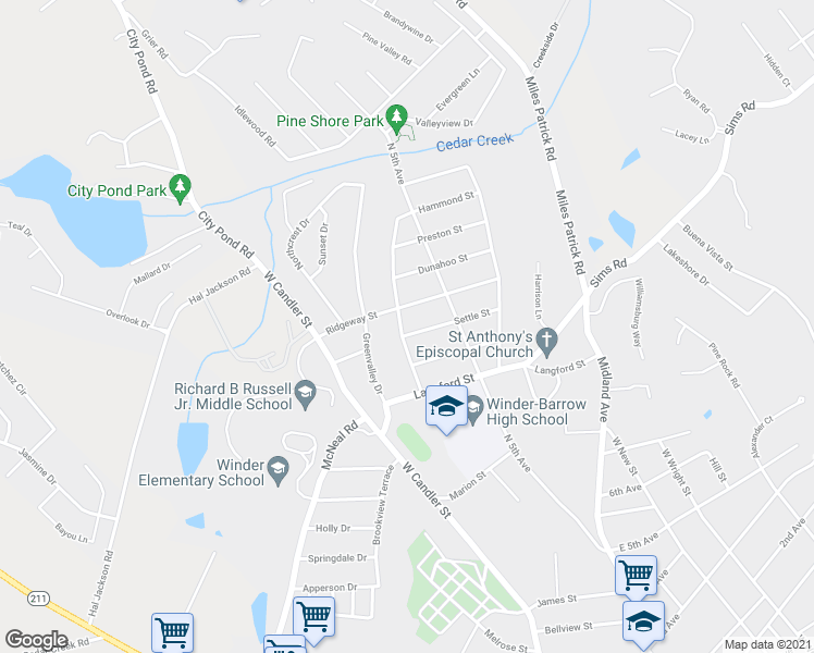 map of restaurants, bars, coffee shops, grocery stores, and more near 179 Settle Street in Winder