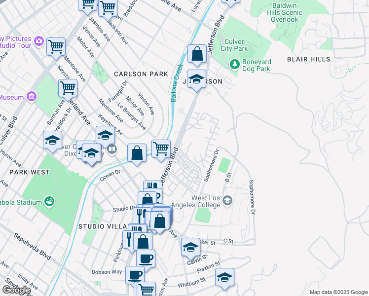 map of restaurants, bars, coffee shops, grocery stores, and more near 7202 Raintree Circle in Culver City