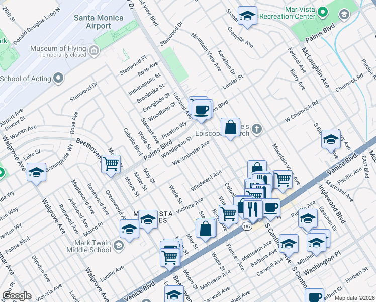 map of restaurants, bars, coffee shops, grocery stores, and more near 12567 Westminster Avenue in Los Angeles