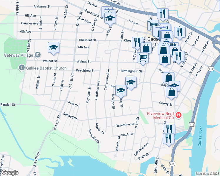 map of restaurants, bars, coffee shops, grocery stores, and more near 503 Newton Street in Gadsden