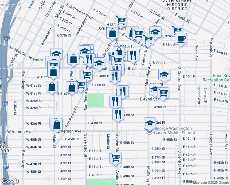 map of restaurants, bars, coffee shops, grocery stores, and more near 483 East 41st Place in Los Angeles