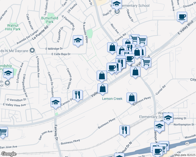 map of restaurants, bars, coffee shops, grocery stores, and more near 529 Bourdet Avenue in Walnut