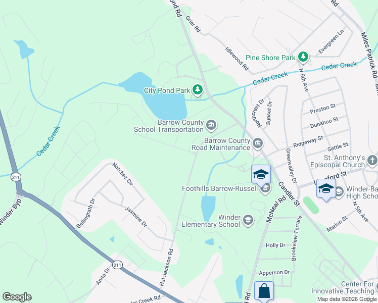 map of restaurants, bars, coffee shops, grocery stores, and more near 502 High Point Drive in Winder