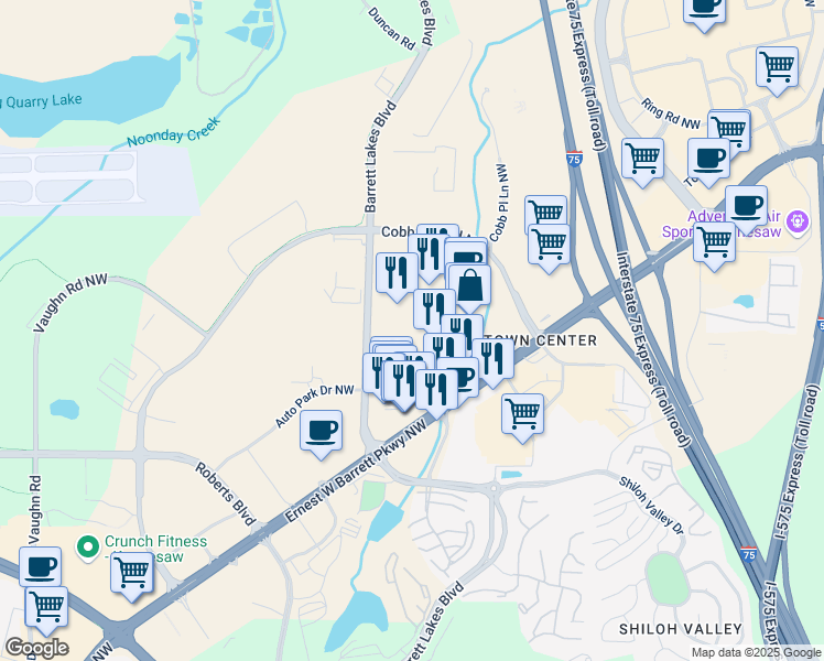 map of restaurants, bars, coffee shops, grocery stores, and more near 840 Ernest W Barrett Parkway Northwest in Kennesaw