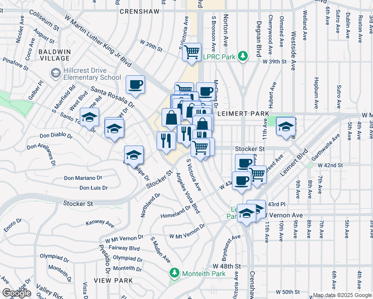 map of restaurants, bars, coffee shops, grocery stores, and more near 4050 South Victoria Avenue in Los Angeles