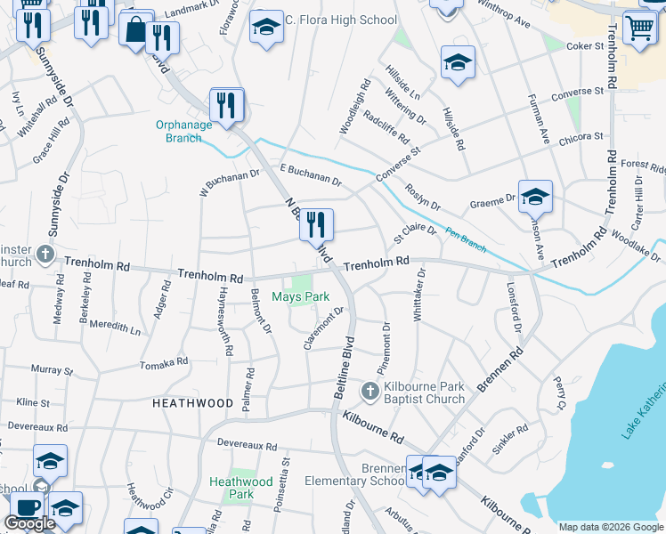 map of restaurants, bars, coffee shops, grocery stores, and more near N Beltline Blvd & Trenholm Rd in Columbia