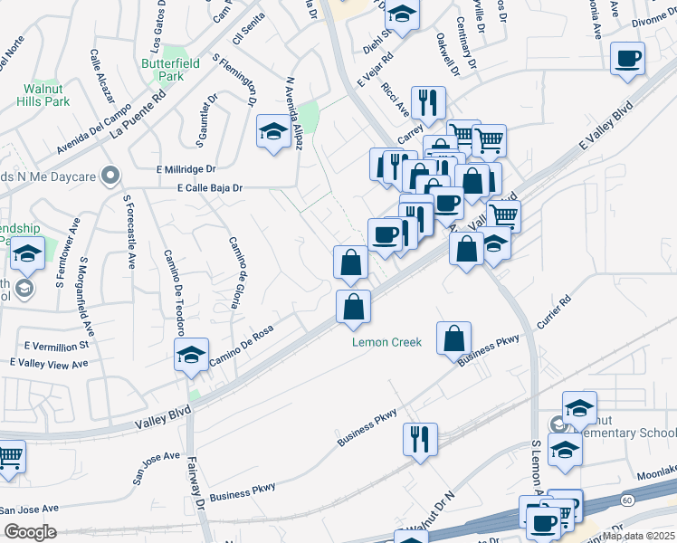 map of restaurants, bars, coffee shops, grocery stores, and more near 529 Bourdet Avenue in Walnut