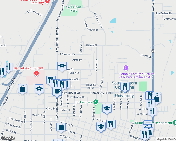 map of restaurants, bars, coffee shops, grocery stores, and more near 1019 Chuckwa Drive in Durant