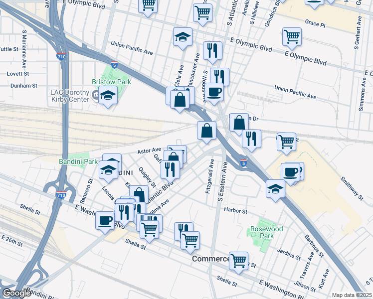map of restaurants, bars, coffee shops, grocery stores, and more near 2145 Cowlin Avenue in Commerce